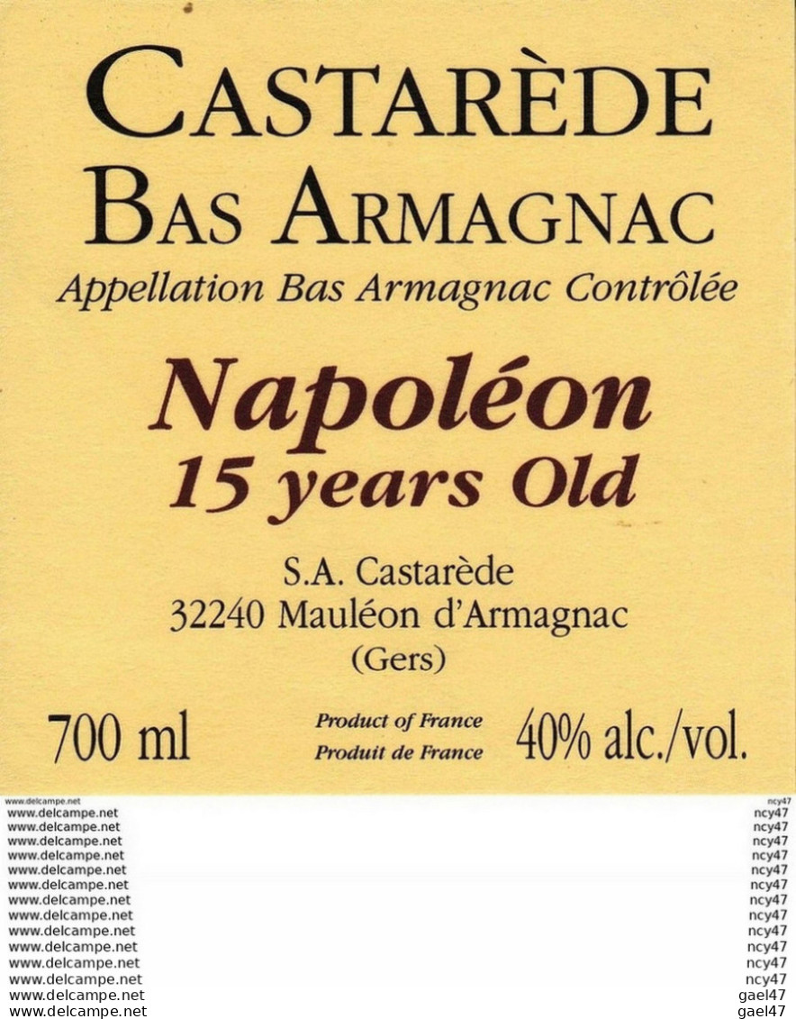 ETIQUETTES. BAS ARMAGNAC CASTAREDE Napoléon 20ans (Mauléon D'Armagnac. 32240)  70cl. ..C114 - Andere & Zonder Classificatie
