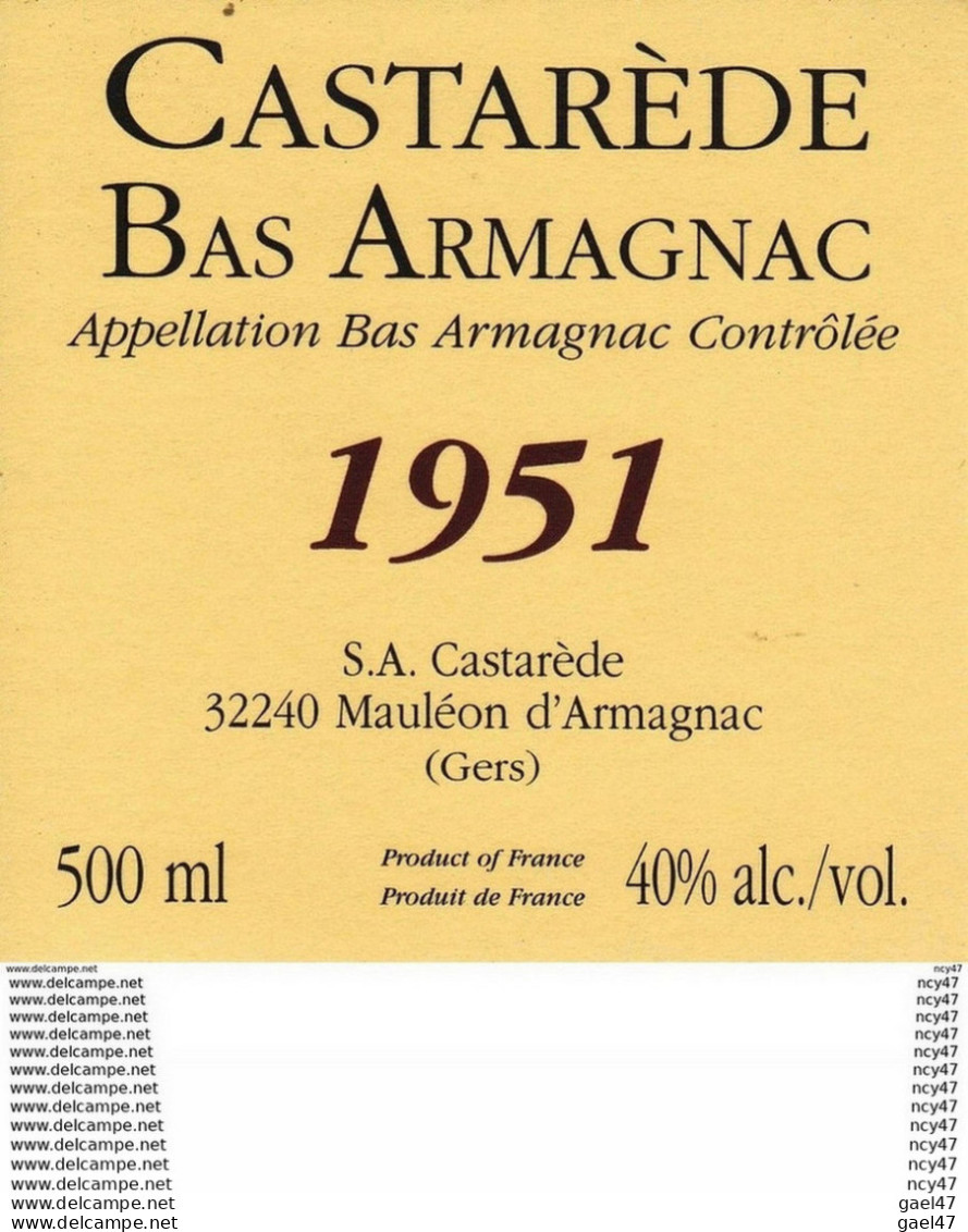 ETIQUETTES. BAS ARMAGNAC CASTAREDE 1951 (Mauléon D'Armagnac. 32240)  50cl. ..C112 - Otros & Sin Clasificación