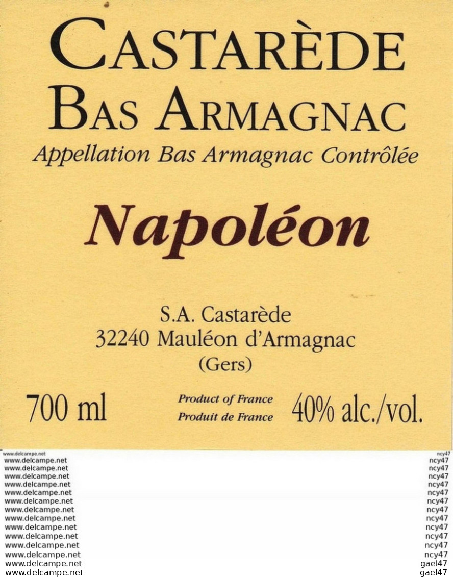 ETIQUETTES. BAS ARMAGNAC CASTAREDE Napoléon (Mauléon D'Armagnac. 32240)  70cl. ..C111 - Sonstige & Ohne Zuordnung