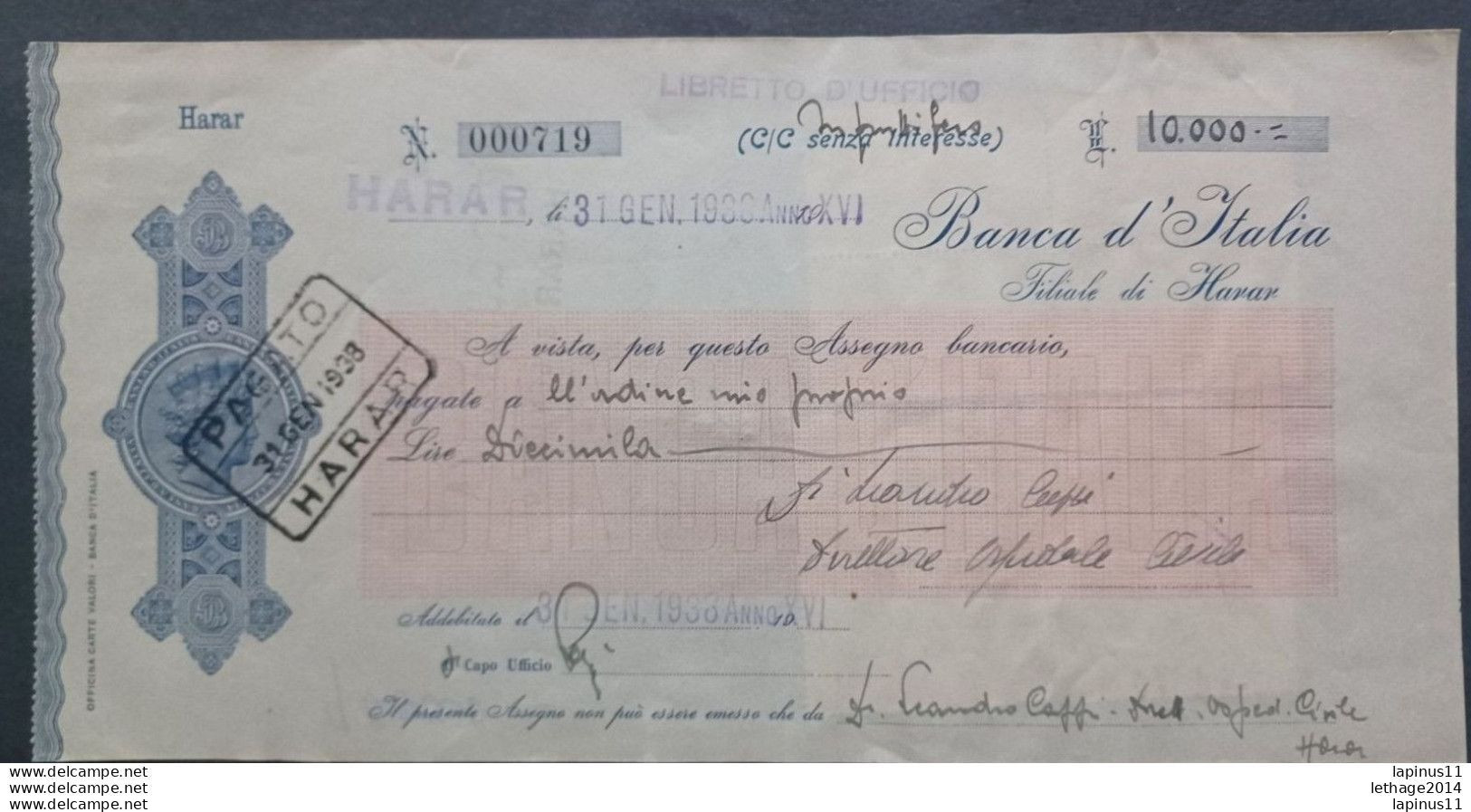 ETHIOPIA COLONIES BANK OF ITALY HARAR'S BRANCH 1938 CHECK 10,000 LIRE + 10 CENT TAX NO RED BUT ORANGE - Aethiopien