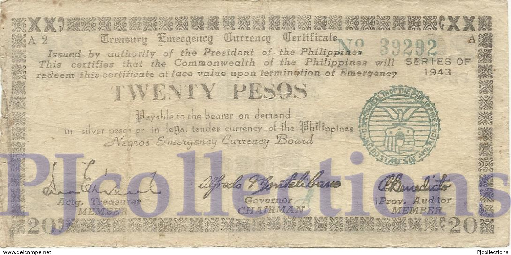 PHILIPPINES 20 PESOS 1943 PICK S664 FINE+ EMERGENCY BANKNOTE - Philippines