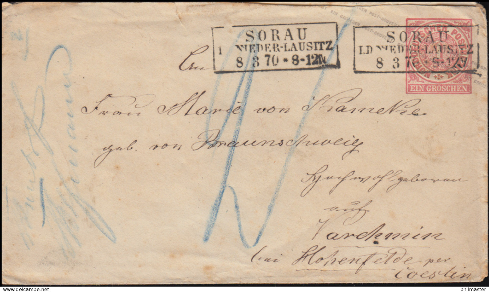 Norddeutscher Bund U 1Aa Ziffer 1 Groschen SORAU / NIEDERLAUSITZ 8.3.1870 - Lettres & Documents