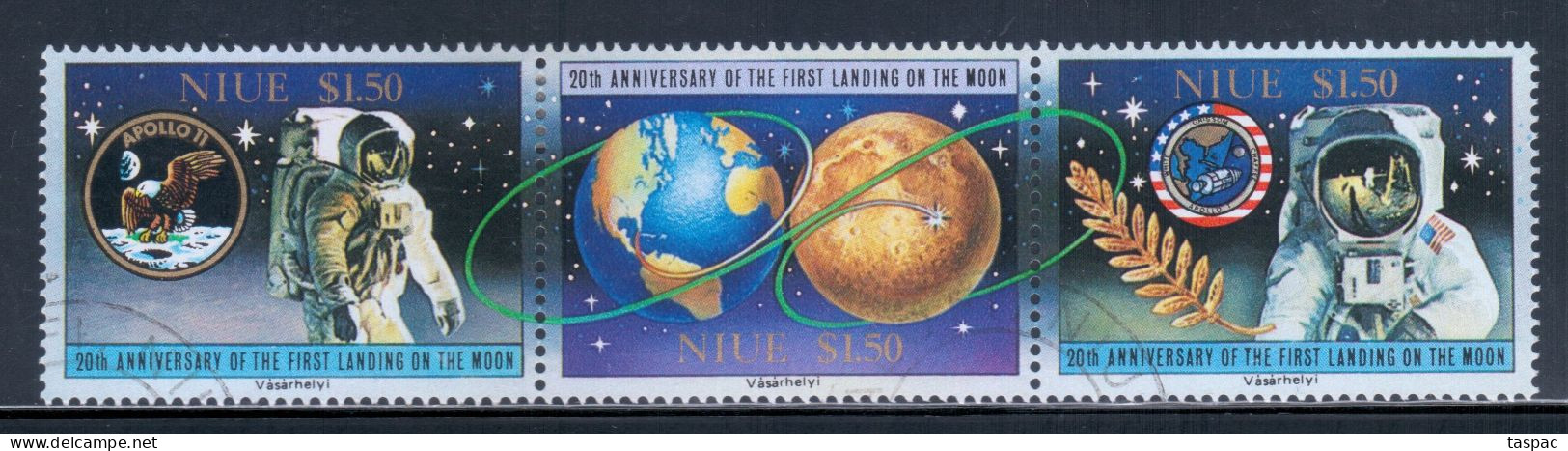 Niue 1989 Mi# 742-744 Used - Strip Of 3 - First Moon Landing, 20th Anniv. / Space - Oceanië