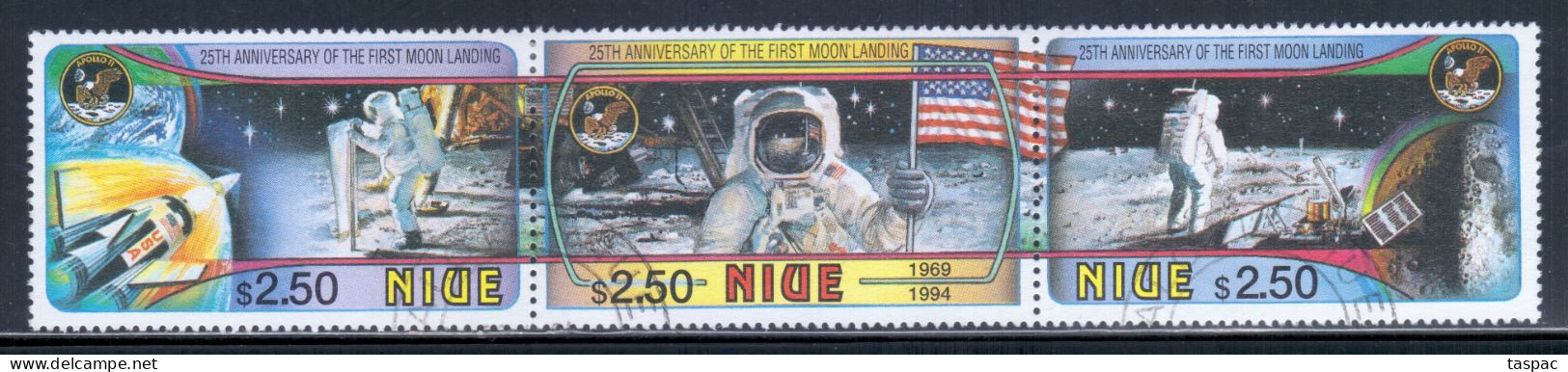 Niue 1994 Mi# 842-844 Used - Strip Of 3 - First Manned Moon Landing, 25th Anniv. / Space - Oceanía