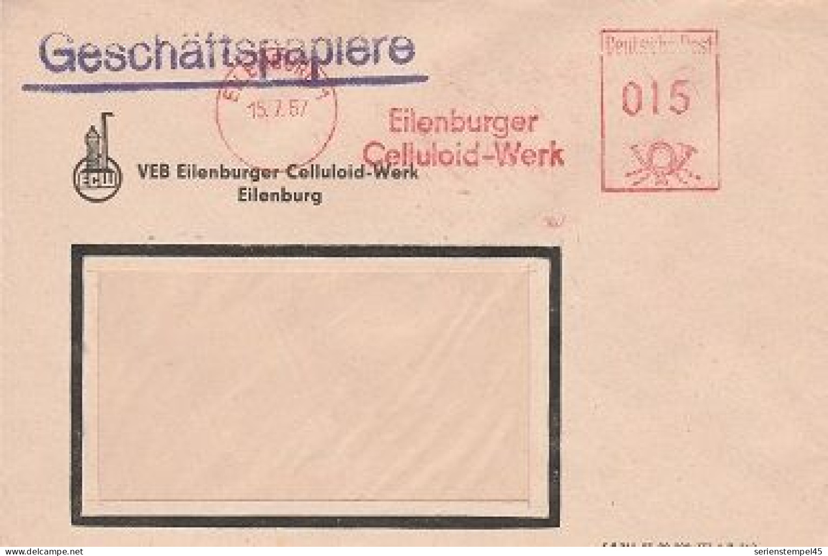 DDR Brief Mit Freistempel Eilenburger 1957 Rot Eilenburger Celluloid Werk - Maschinenstempel (EMA)