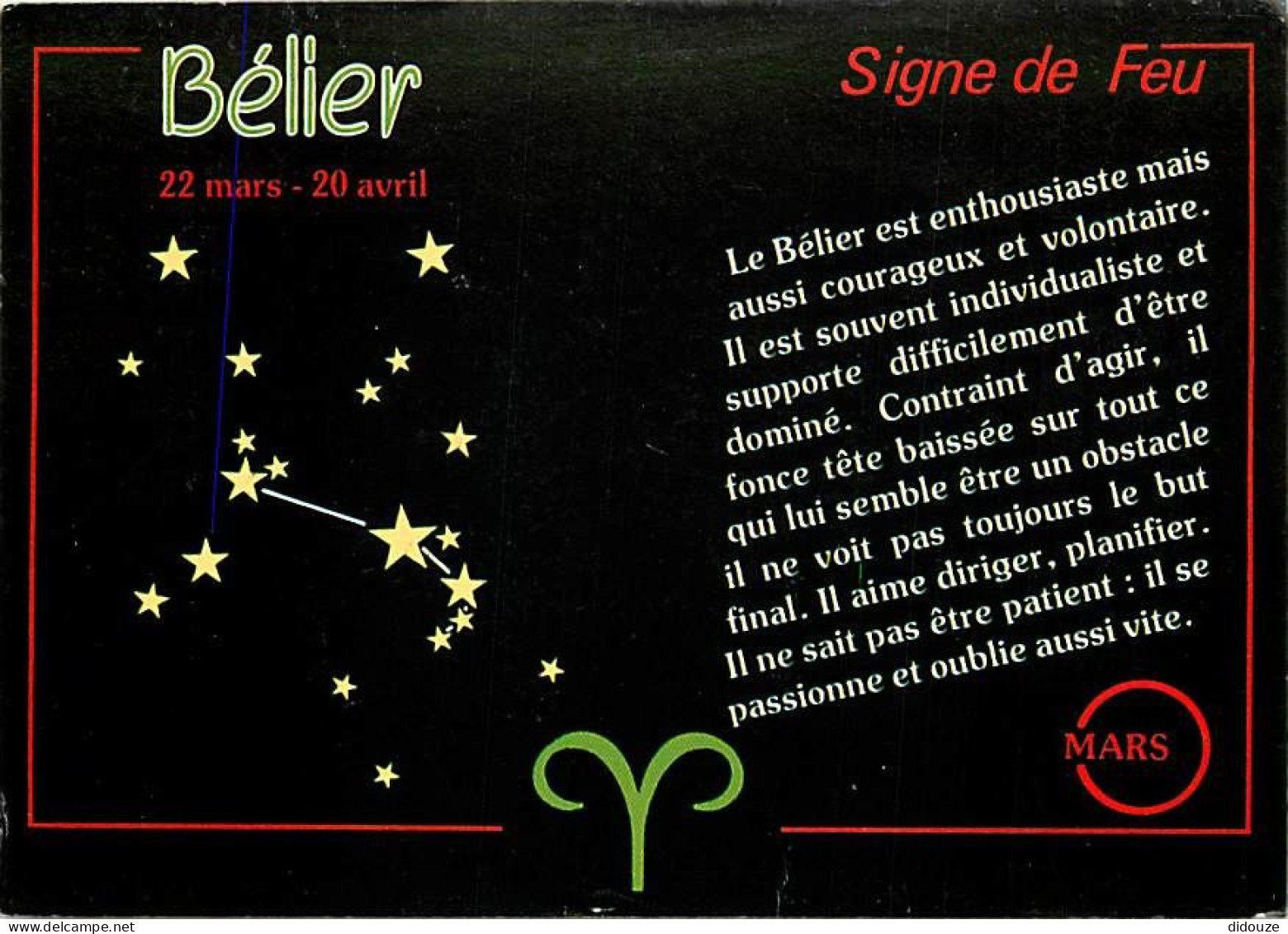 Astrologie - Signe De Feu - Bélier - CPM - Carte Neuve - Voir Scans Recto-Verso - Astrología