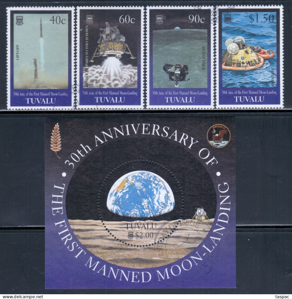 Tuvalu 1999 Mi# 832-835, Block 68 Used - 1st Manned Moon Landing, 30th Anniv. / Space - Océanie