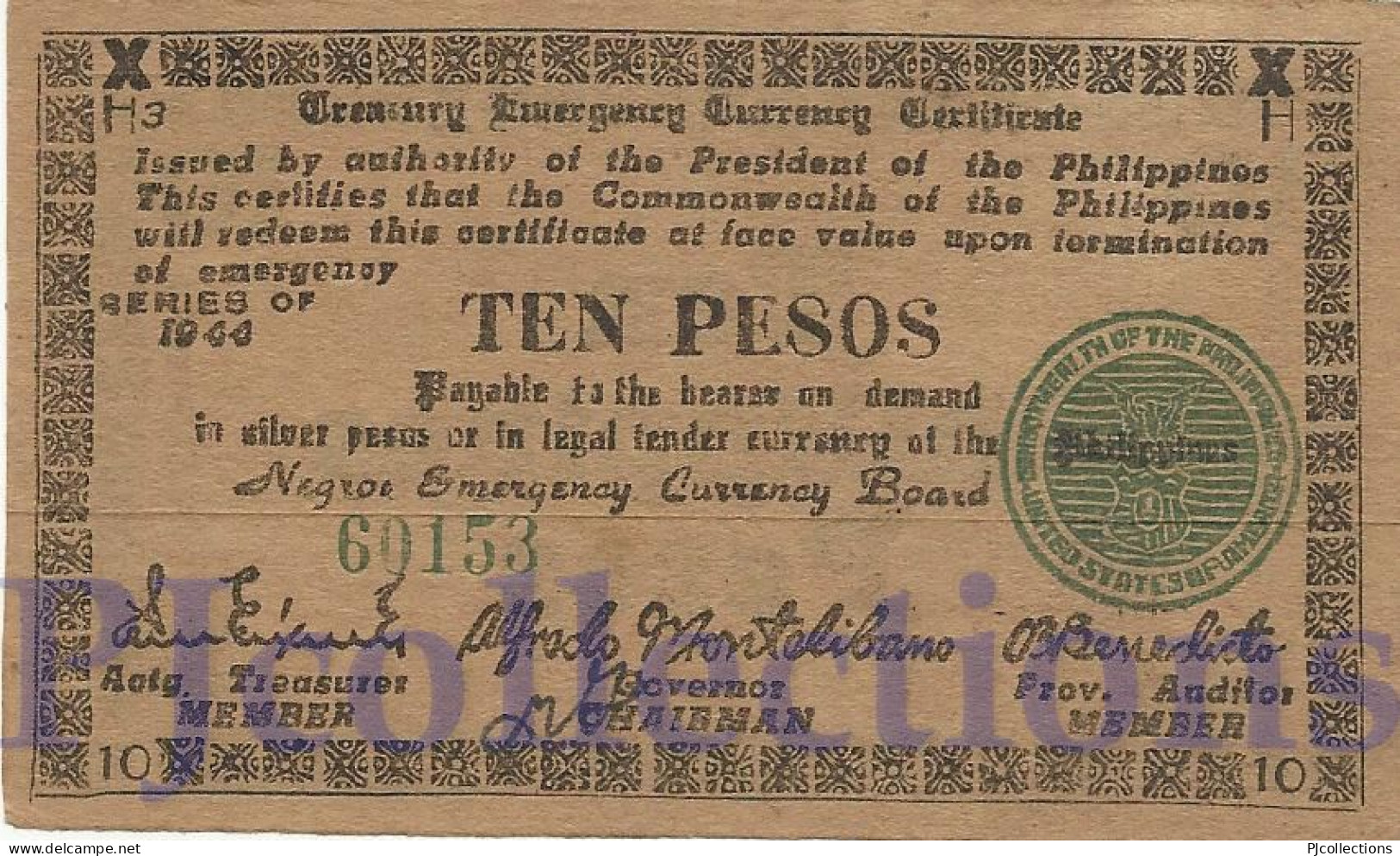 PHILIPPINES 10 PESOS 1944 PICK S677a AU EMERGENCY BANKNOTE - Filippijnen