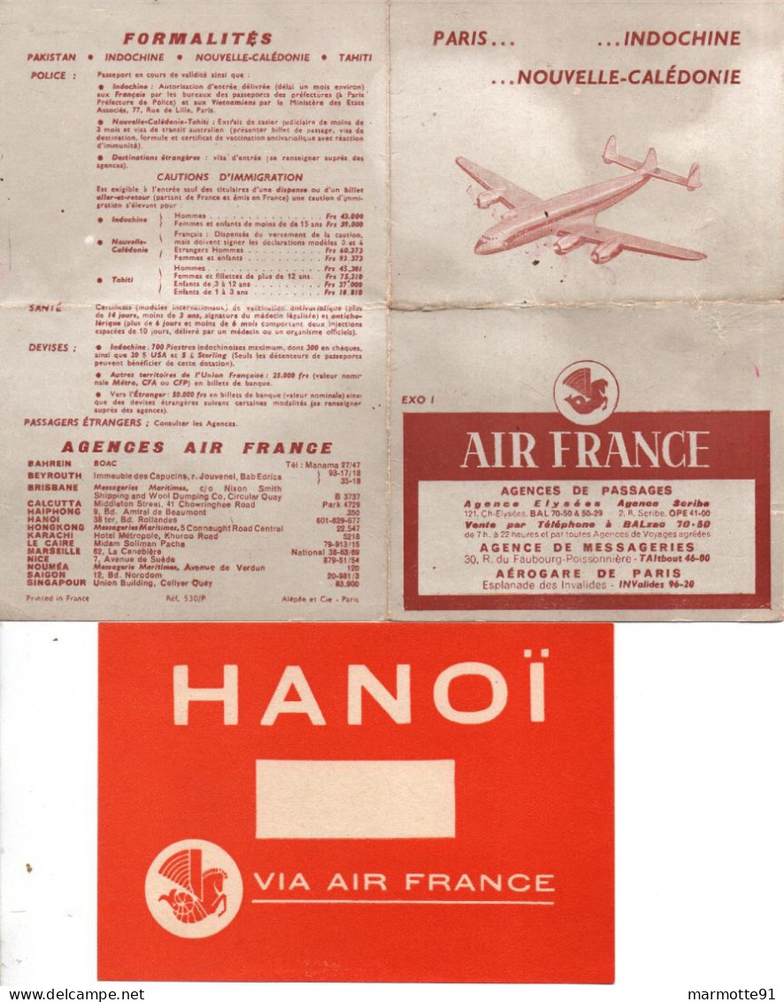 AIR FRANCE HANOÏ ETIQUETTE HORAIRES PARIS  INDOCHINE 1951 INDOCHINA  CEFEO ??? - Etiquetas De Equipaje