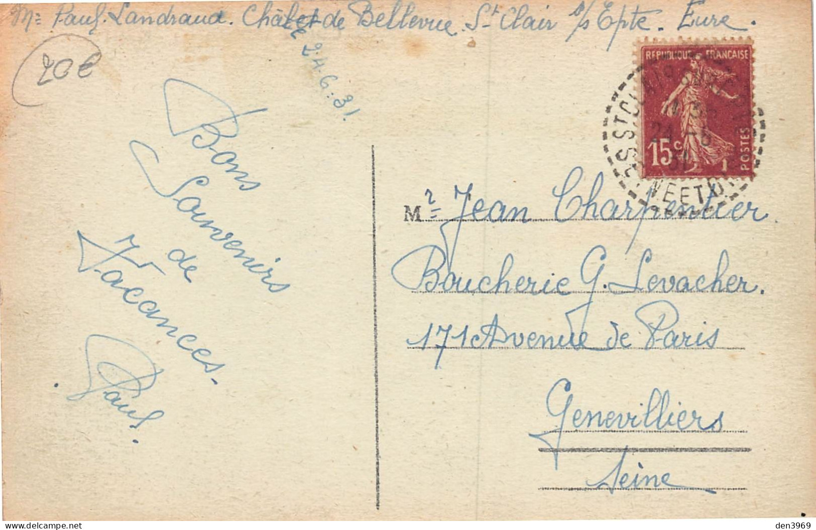 SAINT-CLAIR-sur-EPTE (Val-d'Oise) - Usine D'Electricité - Voyagé 1931 (2 Scans) Boucherie Levacher à Gennevilliers - Saint-Clair-sur-Epte