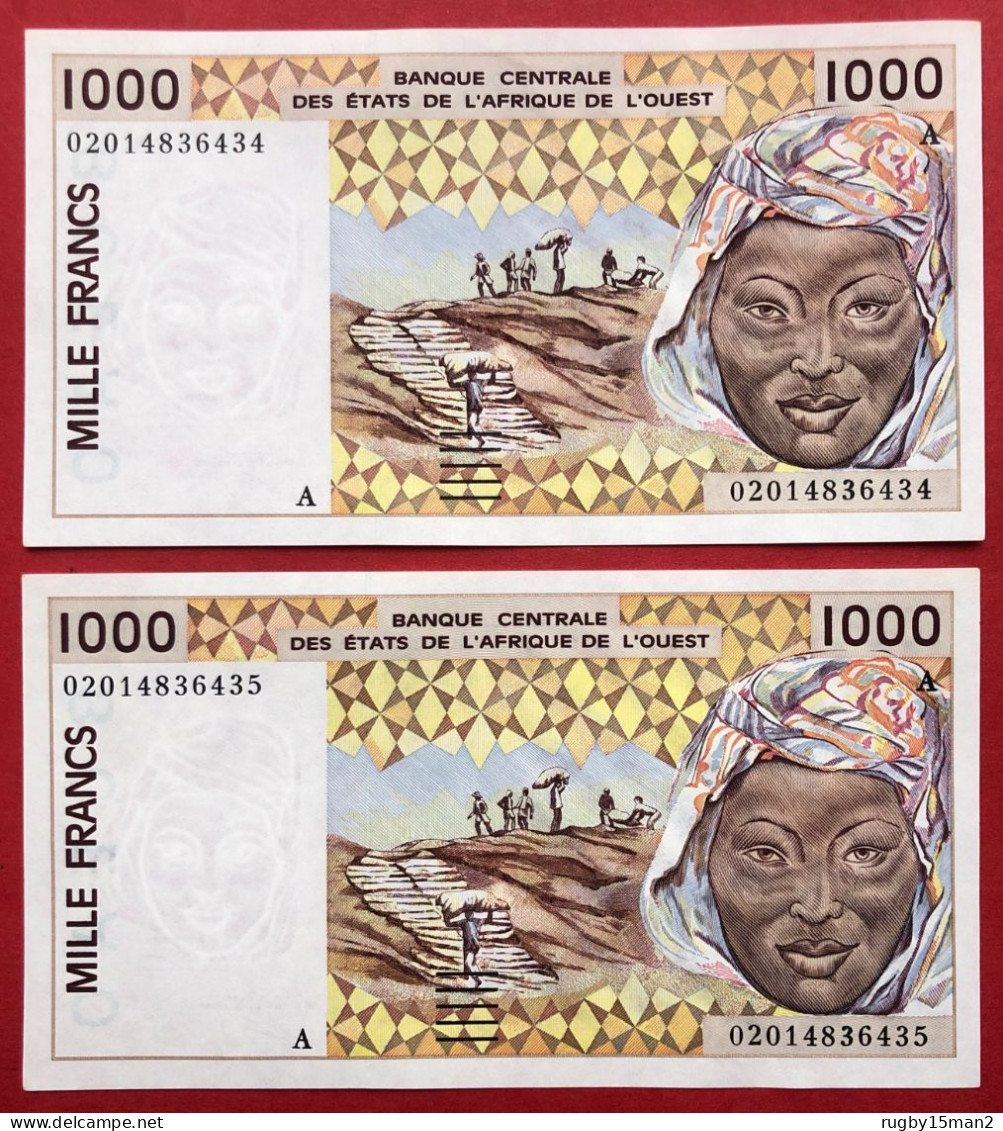 N°55 BILLET DE BANQUE SUITE DE 2x 1000 FRANCS CÔTE D'IVOIRE 2002 NEUF / UNC - Costa De Marfil