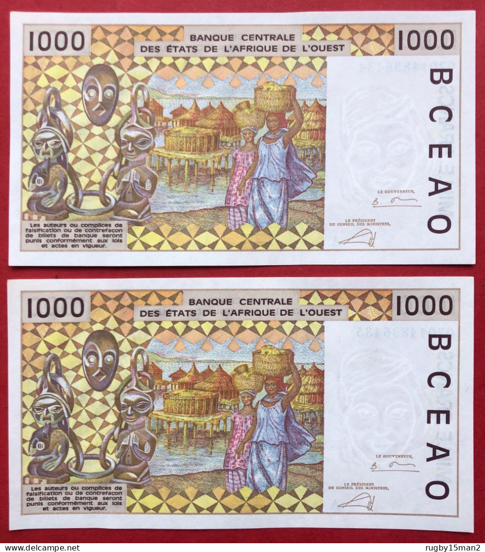 N°55 BILLET DE BANQUE SUITE DE 2x 1000 FRANCS CÔTE D'IVOIRE 2002 NEUF / UNC - Costa De Marfil