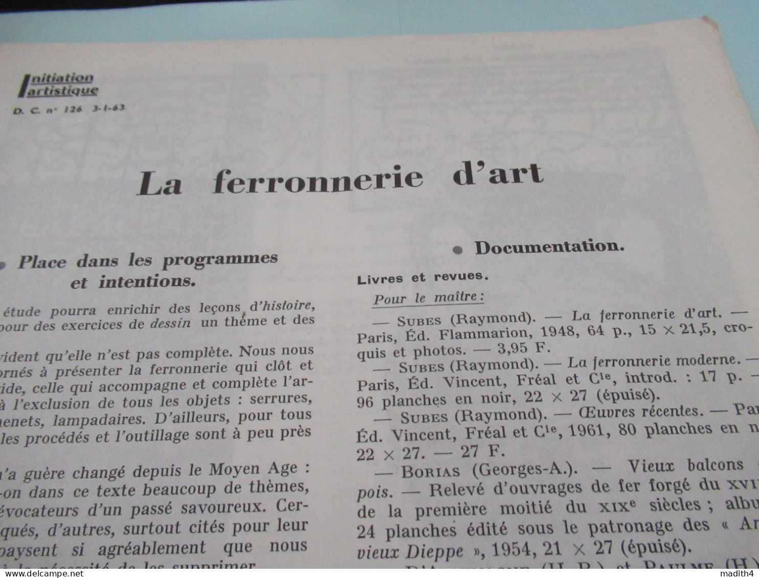 Documents Pour La Classe 126 Janvier 1963 Ferronnerie D'art Bastides Du Sud Ouest Marco Polo - Lesekarten