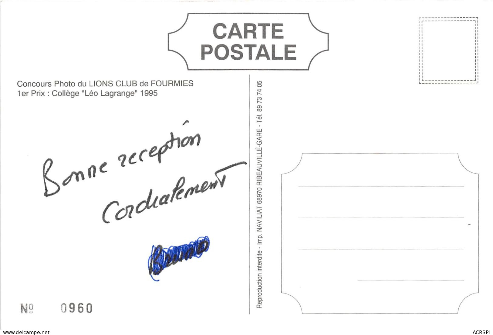 Concours Photo Du LIONS CLUB De FOURMIES 1ER Prix College Leo Lagrange 1995 5(scan Recto-verso) MA228 - Fourmies