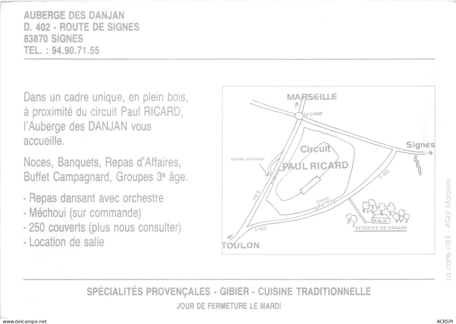 Auberge Des DANJAN Route Des SIGNES LES SIGNES Specialites Provencales Gibier 31(scan Recto-verso)MA262 - Signes