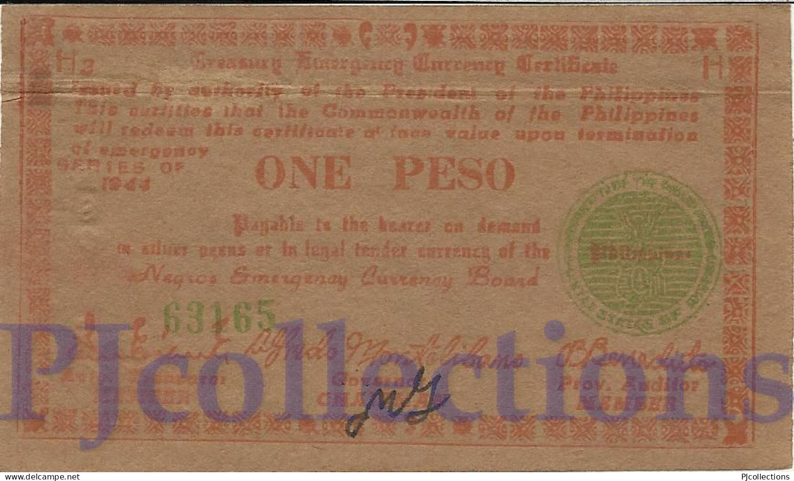 PHILIPPINES 1 PESO 1944 PICK S673 AU EMERGENCY BANKNOTE - Philippinen