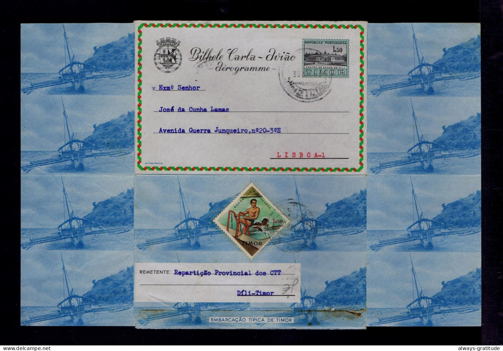 Sp10455 TIMOR Used 1963 SCARCE Aèrogramme Center Health DILI Natation Sports Swiming Pool Santé Typical Bateaux Portugal - Swimming
