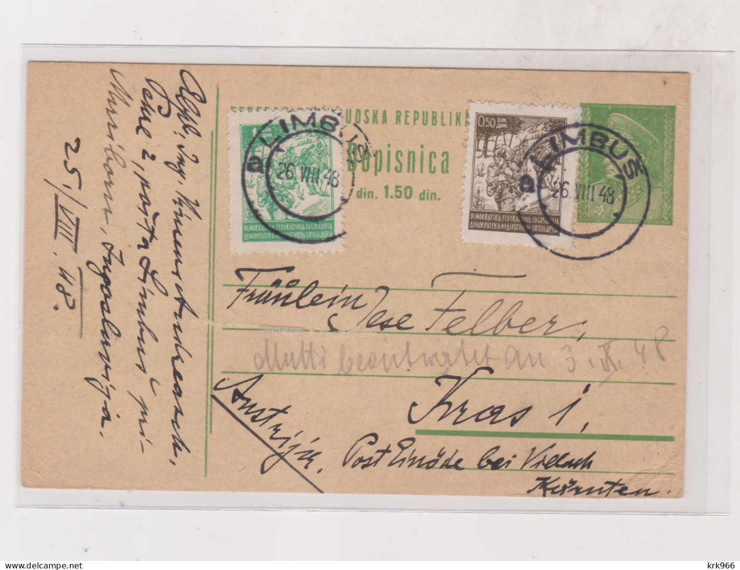 YUGOSLAVIA 1948  LIMBUS SLOVENIA  Postal Stationery To Austria - Brieven En Documenten