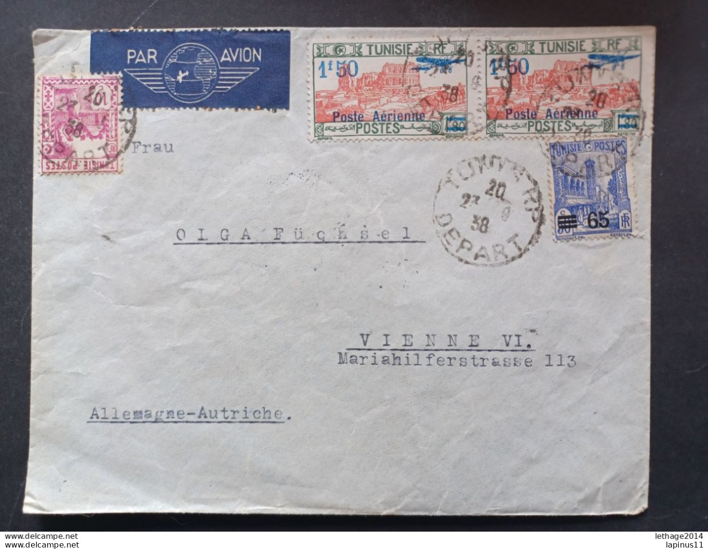 TUNISIA 1938 AIRMAIL YVERT N 11 OVERPRINT COVER TO AUSTRIA MANY STAMPS -- GIULY - Poste Aérienne