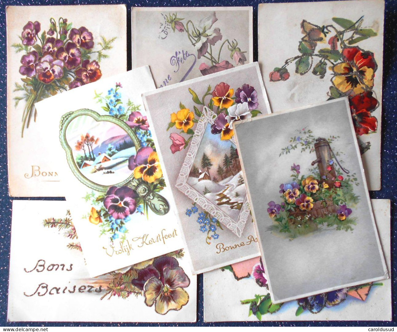 CPA Lot 7 X Litho Illustrateur FLEURS FLEUR THEME PENSEE PENSEES VOEUX LANGAGE PAILLETTES - Colecciones Y Lotes