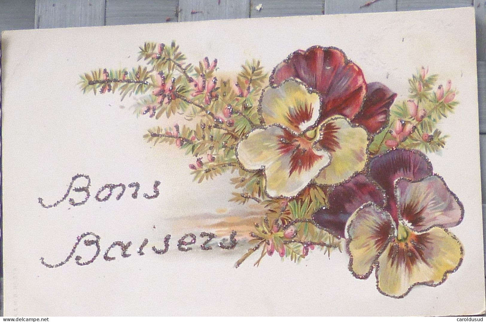 CPA lot 7 x litho illustrateur FLEURS FLEUR THEME PENSEE PENSEES VOEUX LANGAGE PAILLETTES