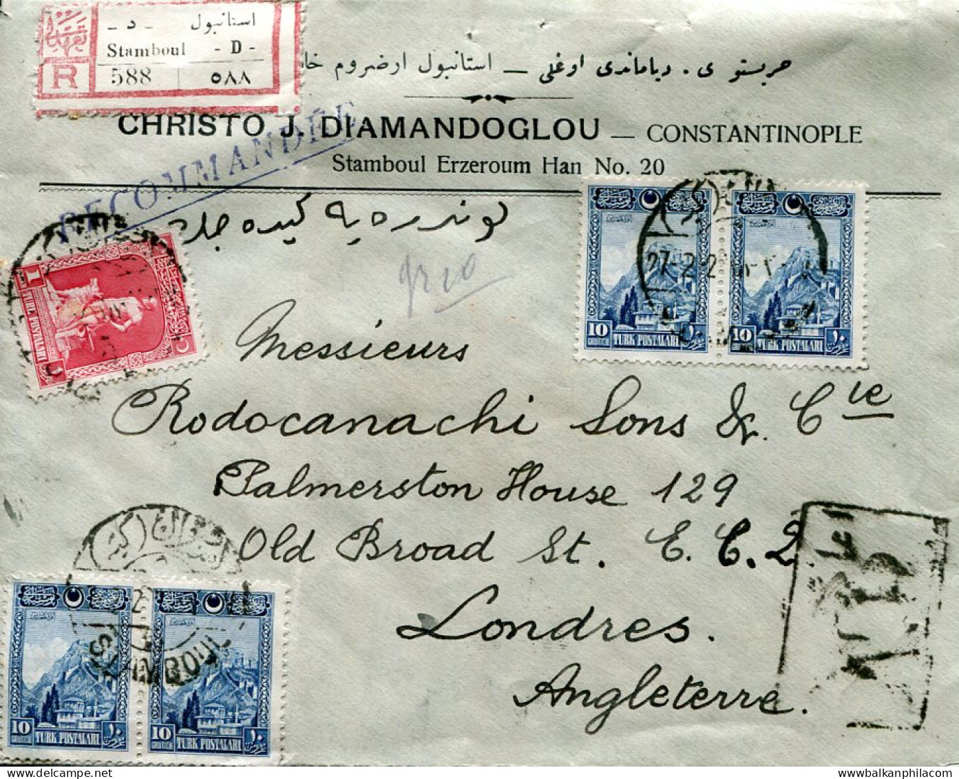 1928 Turkey Registered AR Commercial To London - Lettres & Documents