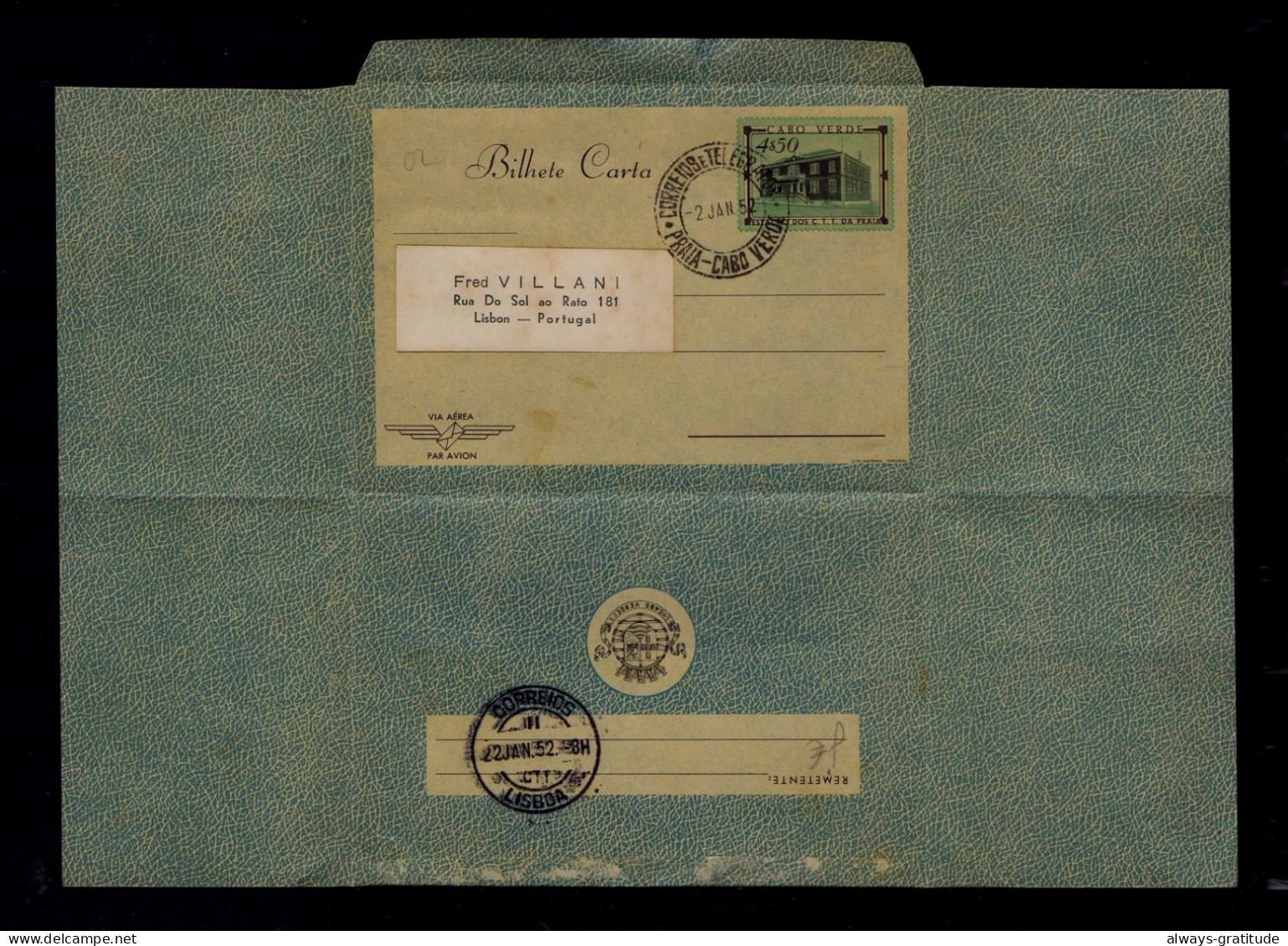 Sp10456 CAP VERT Used 1952 SCARCE Aèrogramme 4,50 $  (Praia City Post Office House) Architecture Mail Courrier Portugal - Post