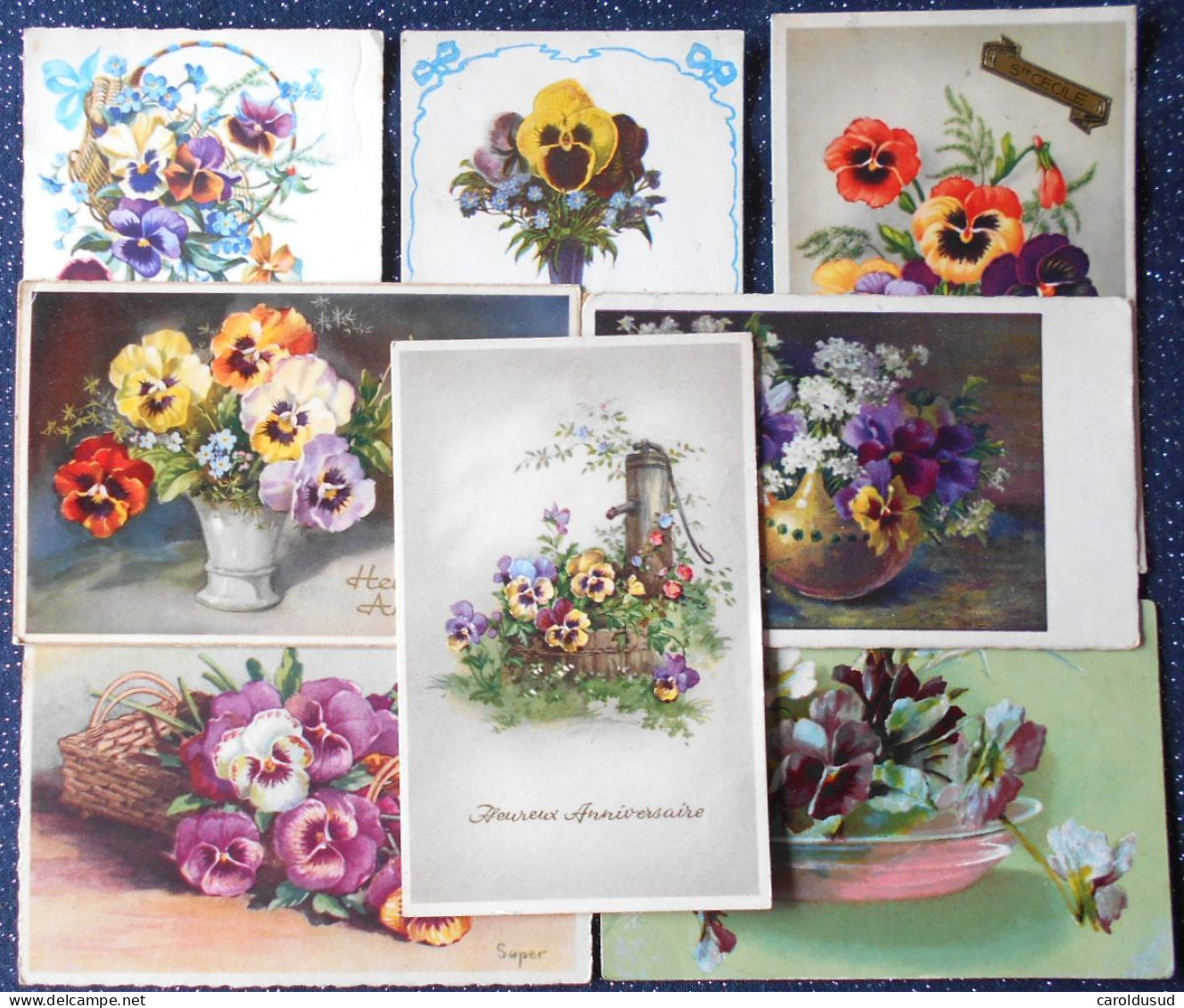 CPA Lot 8 X Litho Illustrateur FLEURS FLEUR THEME PENSEE PENSEES VOEUX LANGAGE PAILLETTES - Collections & Lots