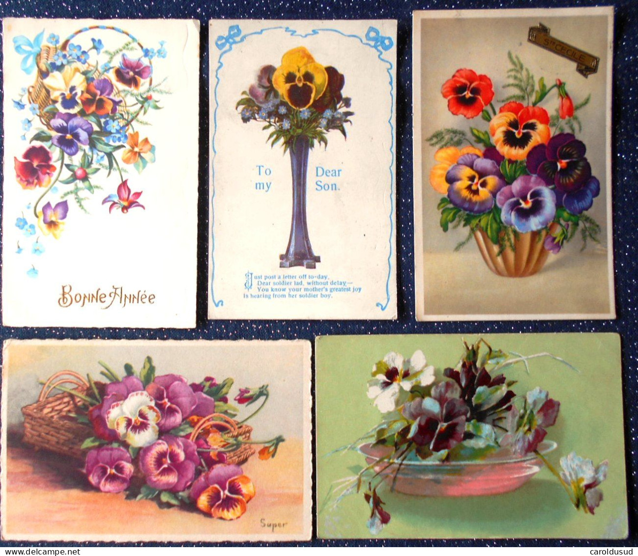 CPA Lot 8 X Litho Illustrateur FLEURS FLEUR THEME PENSEE PENSEES VOEUX LANGAGE PAILLETTES - Collections & Lots