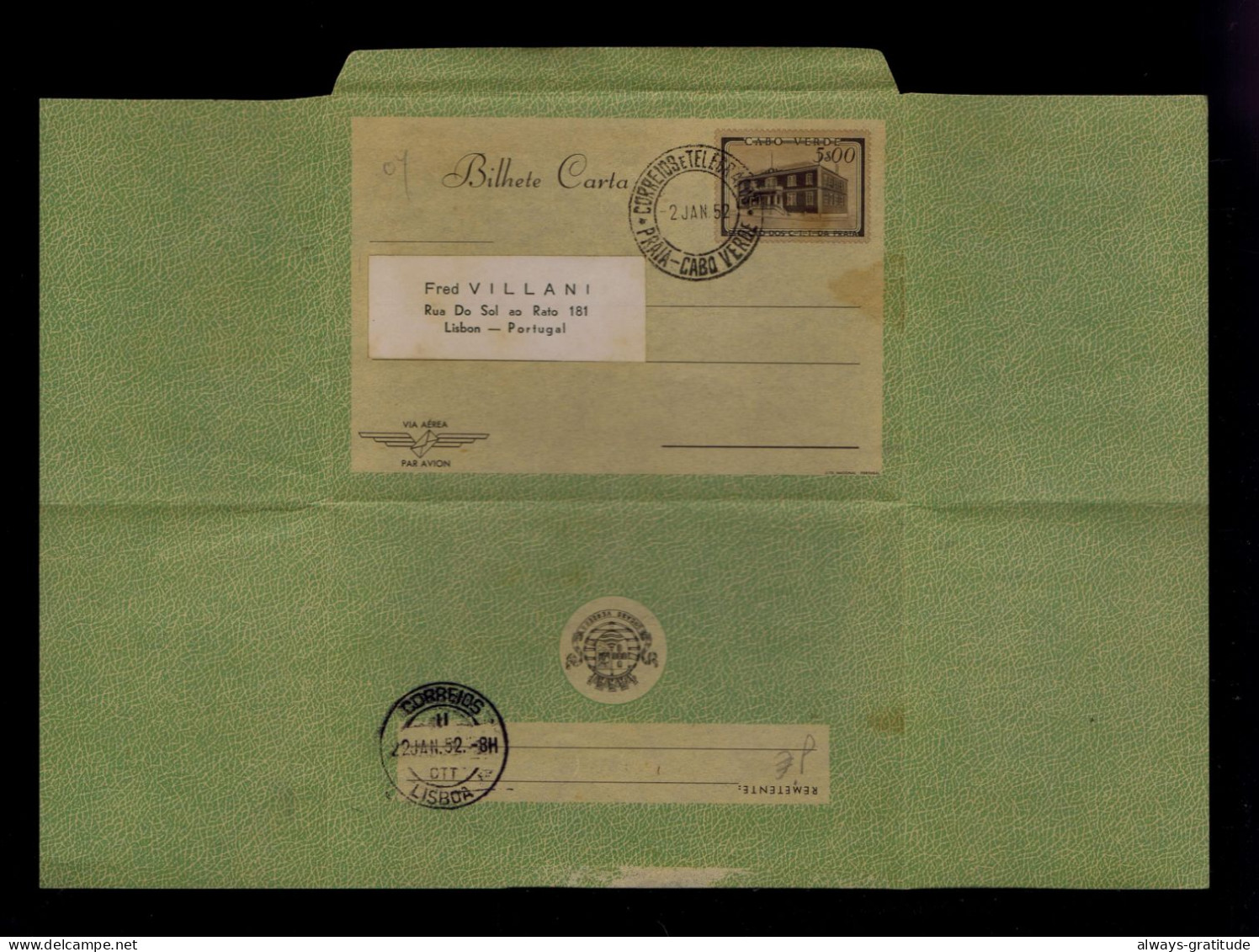 Sp10457 CAP VERT Used 1952 SCARCE Aèrogramme 5$00 (Praia City Post Office House) Architecture Mail Courrier Portugal - Poste