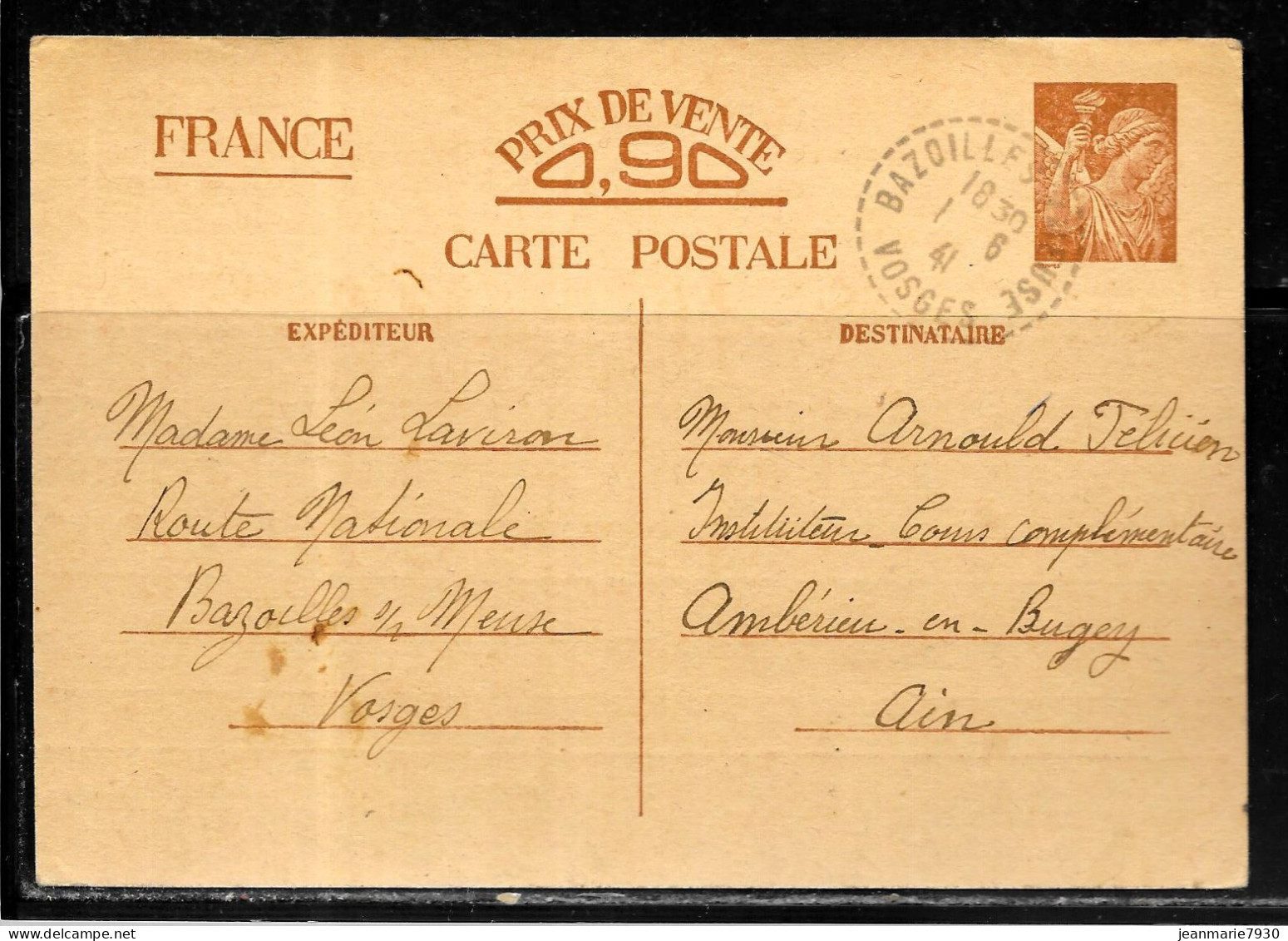 E111 -ENTIER IRIS SUR CP DE BAZOILLES DU 01/06/41 - Overprinter Postcards (before 1995)