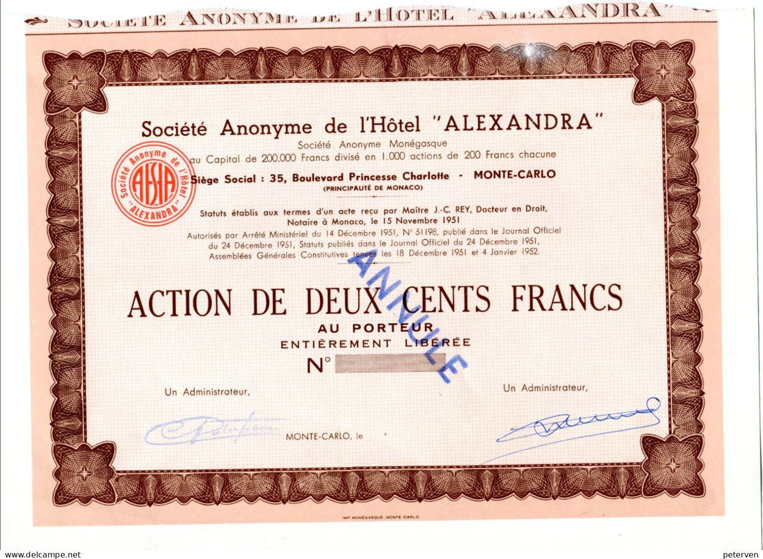 "ALEXANDRA" - S.A. De L'Hôtel à Monte-Carlo - Banque & Assurance