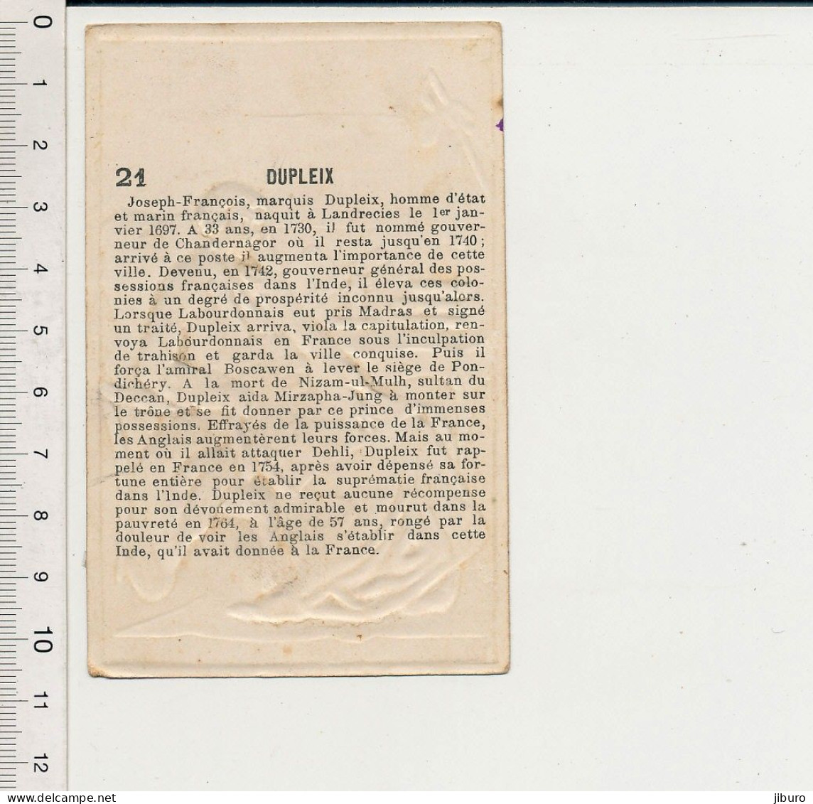 Image Chromo Gaufrée Ancienne Chocolat Poulain Joseph-François Dupleix Portrait Hommes Célèbres N° 21 - Poulain