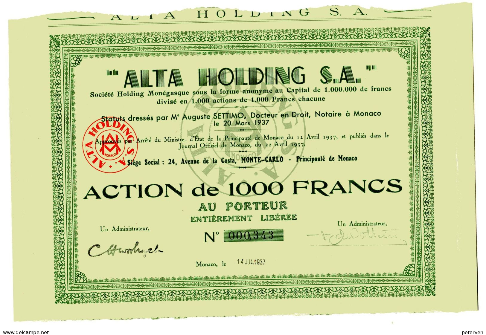 "ALTA HOLDING S.A." - Société Holding Monégasque - Bank En Verzekering