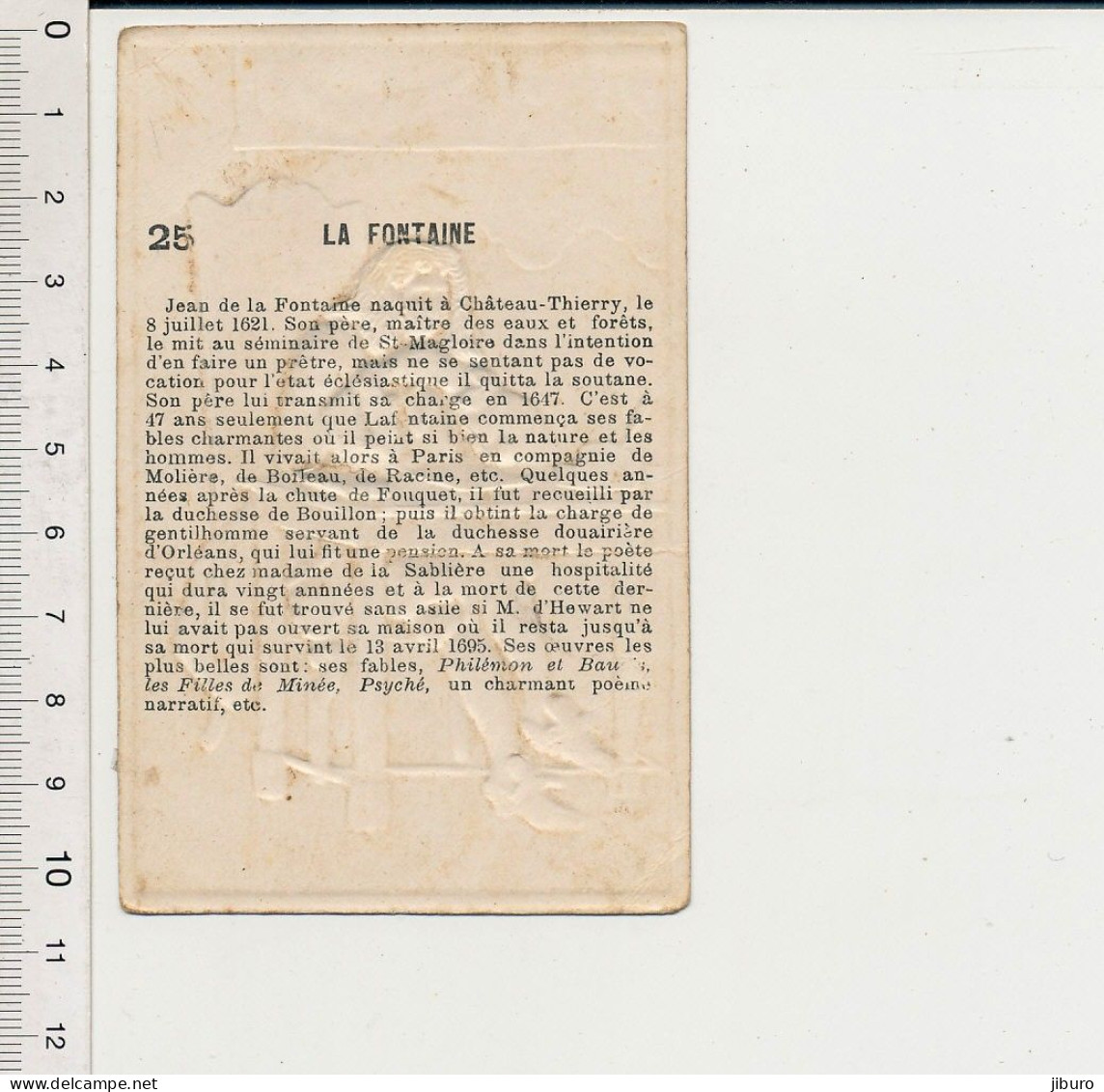 Image Chromo Gaufrée Ancienne Chocolat Poulain Jean De La Fontaine Portrait Hommes Célèbres N° 25 - Poulain