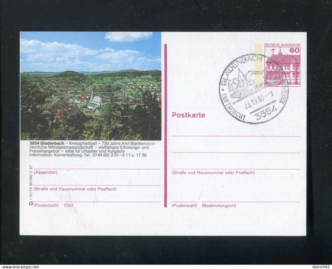 "BUNDESREPUBLIK DEUTSCHLAND" 1987, Bildpostkarte Mit Bildgleichem Stempel Ex "GLADENBACH" (A1079) - Postales Ilustrados - Usados