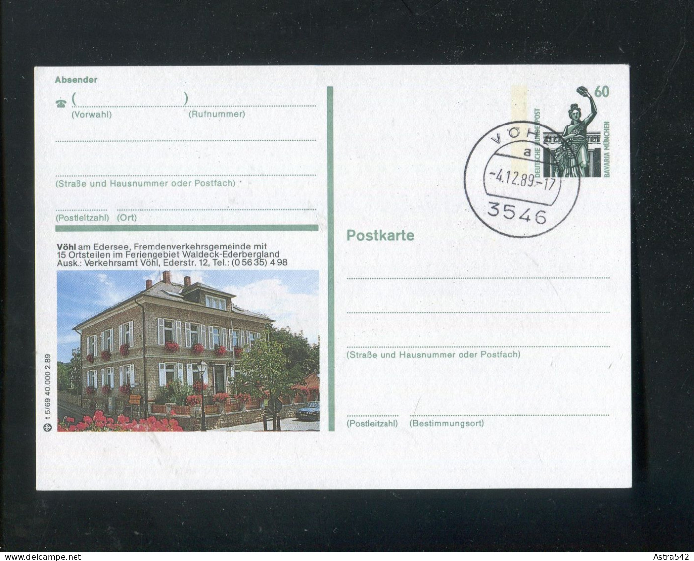 "BUNDESREPUBLIK DEUTSCHLAND" 1989, Bildpostkarte Mit Bildgleichem Stempel Ex "VOEHL" (A1080) - Bildpostkarten - Gebraucht