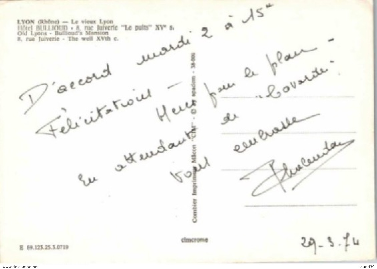 LYON. -  Hôtel Bullioud, 8 Rue Juiverie : Puits Du XVe   -  Carte Datée De Mars 1974 - Lyon 5