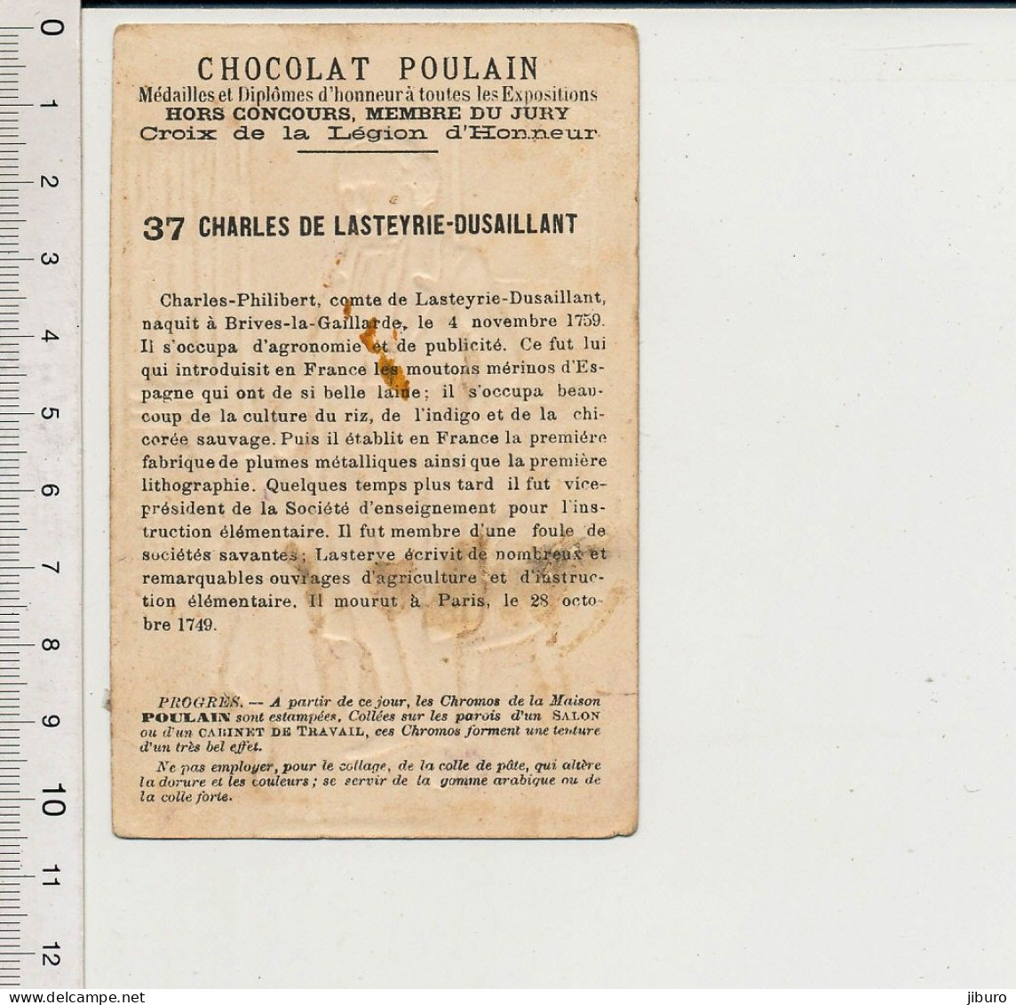 Image Chromo Gaufrée Ancienne Chocolat Poulain Lasteyrie Dussaillant Portrait Hommes Célèbres N° 37 - Poulain