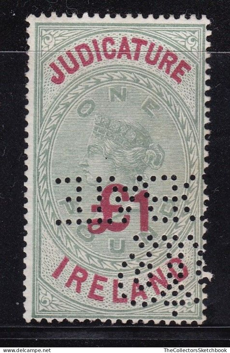 Ireland Judicature Fees £1 Geen And Red Good Used Perfin Barefoot 49 - Used Stamps
