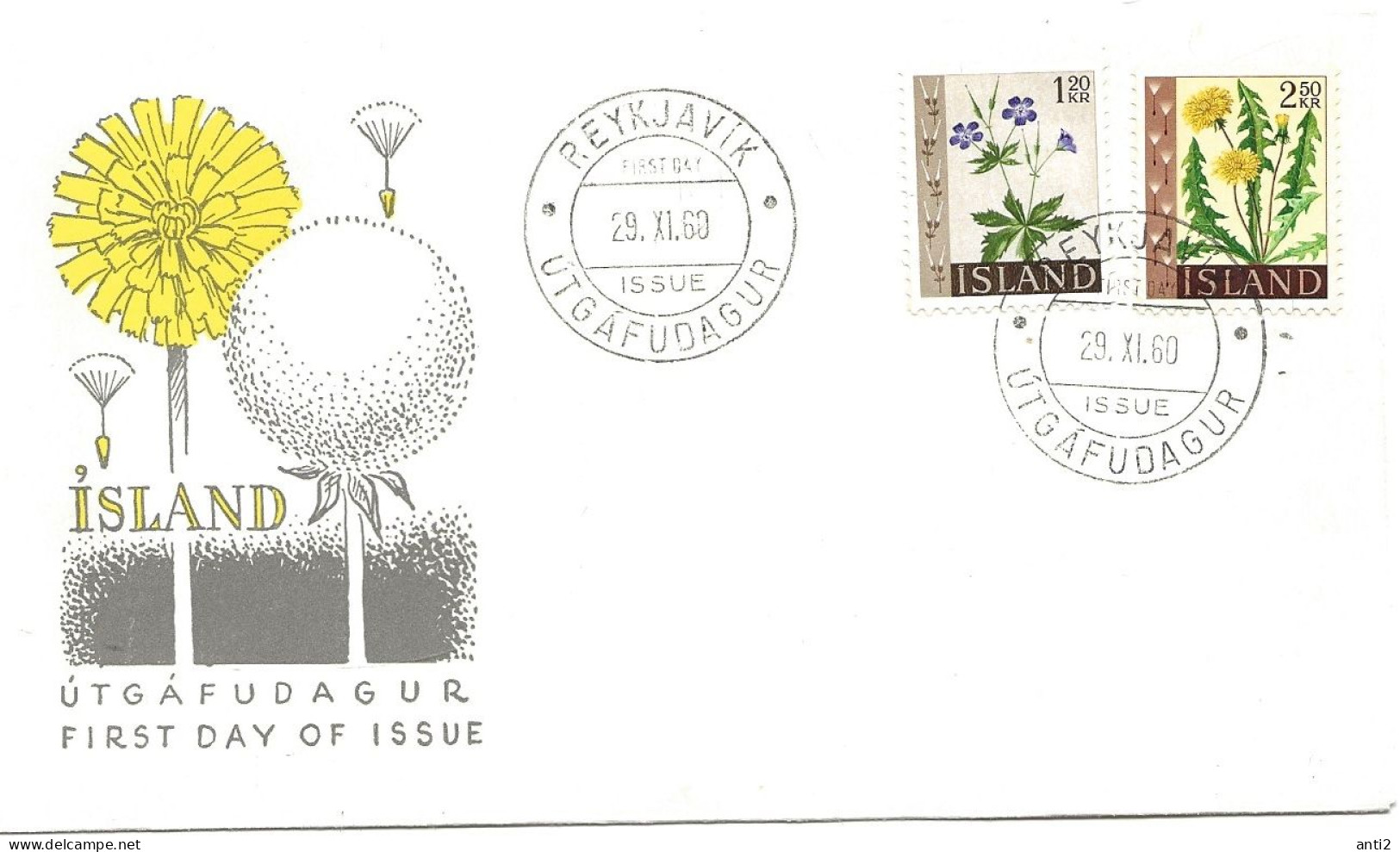 Island Iceland  1960 Flowers, Wood Cranesbill (Geranium Sylvaticum) And Dandelion (Taraxacum Officinale) Mi 345-346 FDC - Lettres & Documents