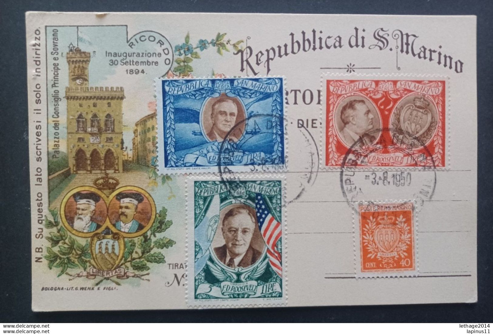 SAN MARINO FIRST DAY COVER RARA 1947 OMAGGIO DEL PRESIDENTE DEGLI STATI UNITI ROOSVELT OBLITERARATA 59 - Brieven En Documenten