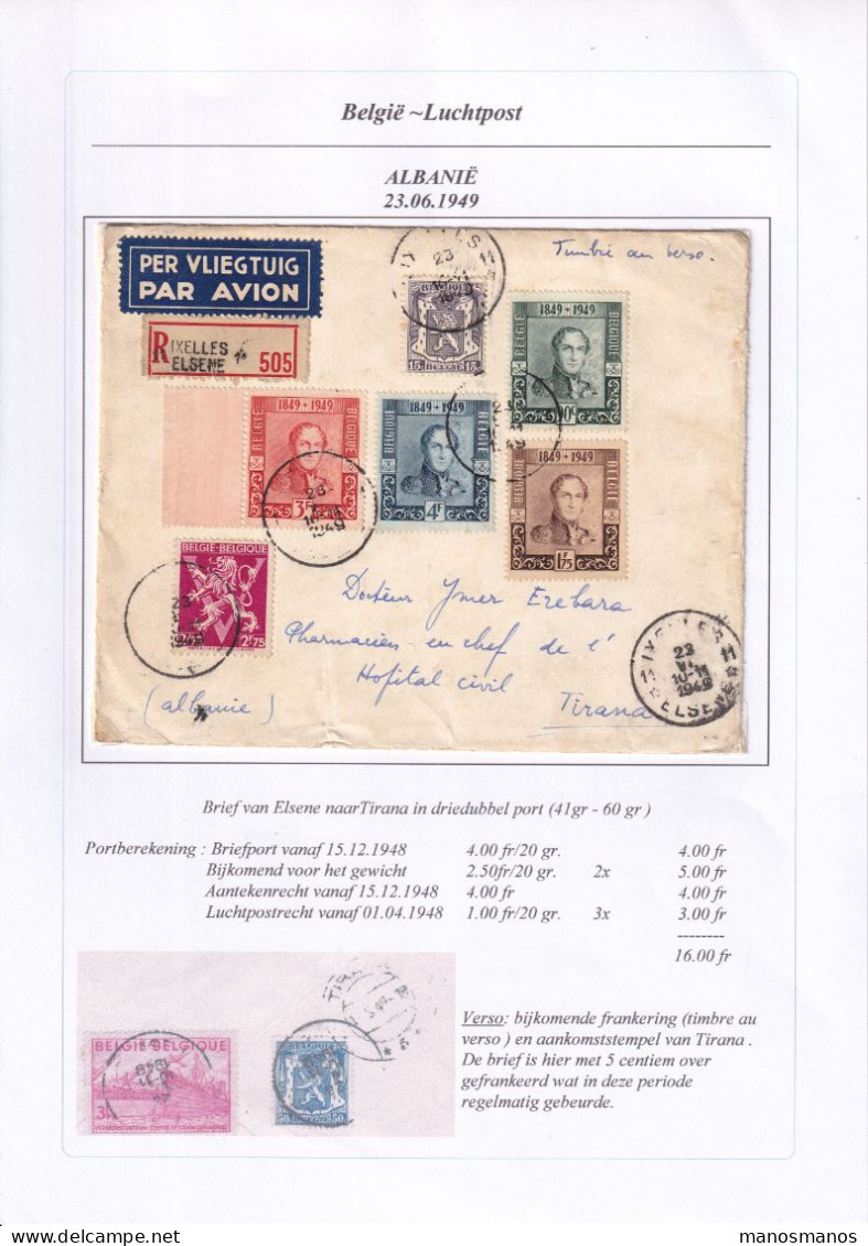 956/40 -- PAR AVION - Enveloppe Recommandée TP Divers, Agence IXELLES 11 En 1949 Vers TIRANA Albanie - TB Destination - Brieven En Documenten