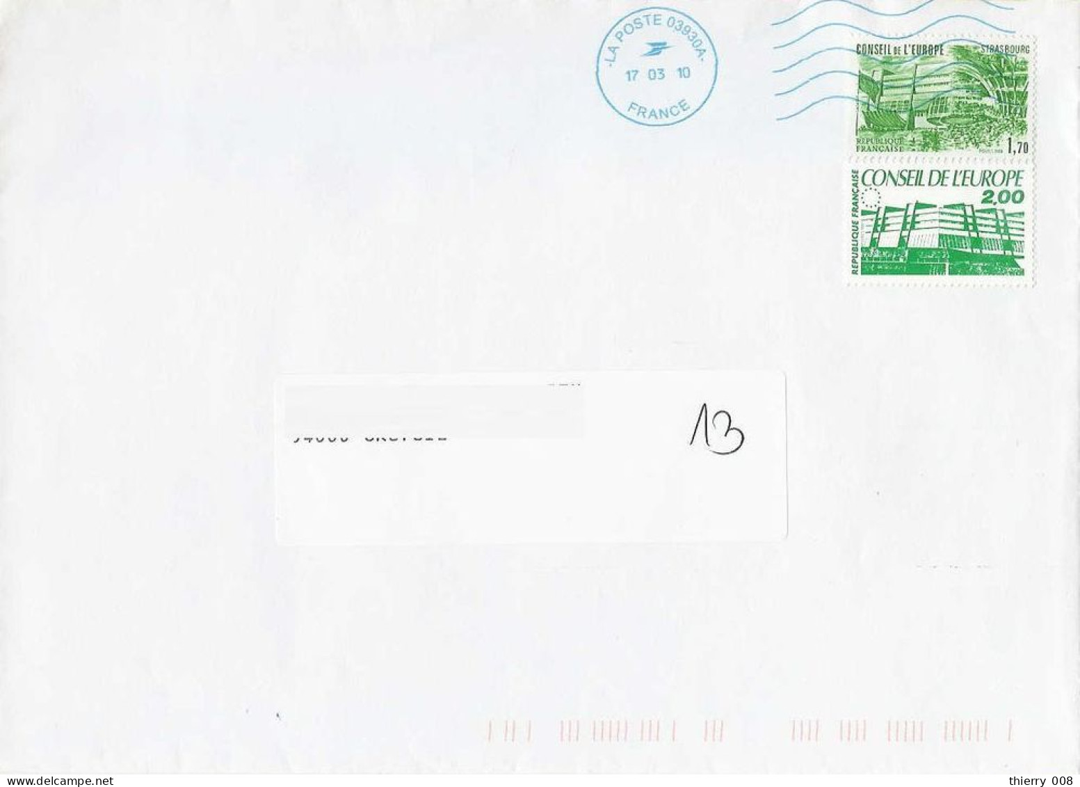 101  Enveloppe Avec Timbres Conseil De L'Europe 82 Et 96  Oblitéré  Mars 2010 Cachet à Date Ordinaire Non Conseil De L'E - Lettres & Documents