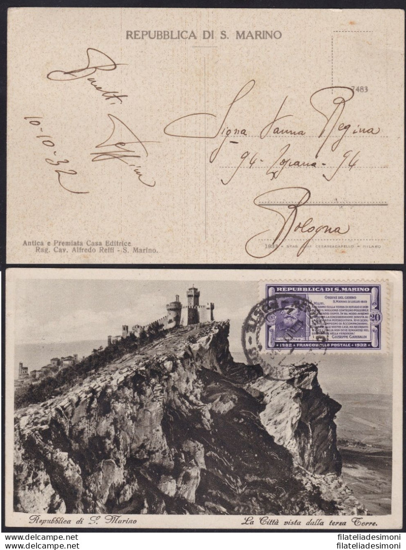 1932 San Marino, N° 169 Su Cartolina Per Bologna Del 10.10.32 - Other & Unclassified