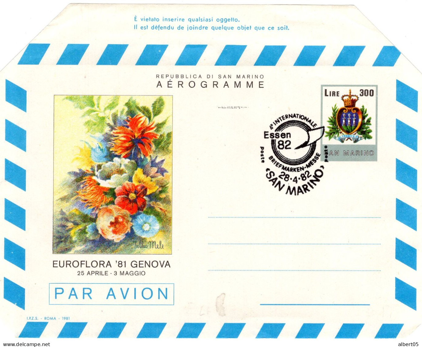 Aérogramme 4 Tnternational Essen 82  Poste San Marino 28-4-82 - Euro Flora 81 Genova - Enteros Postales