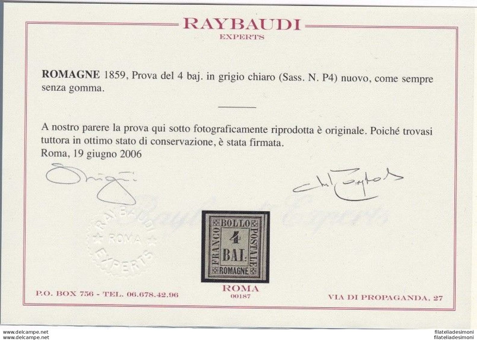 1859 Romagne, Prova Del 4 Baj (P4) EMESSO SENZA GOMMA Certificato Raybaudi - Romagna