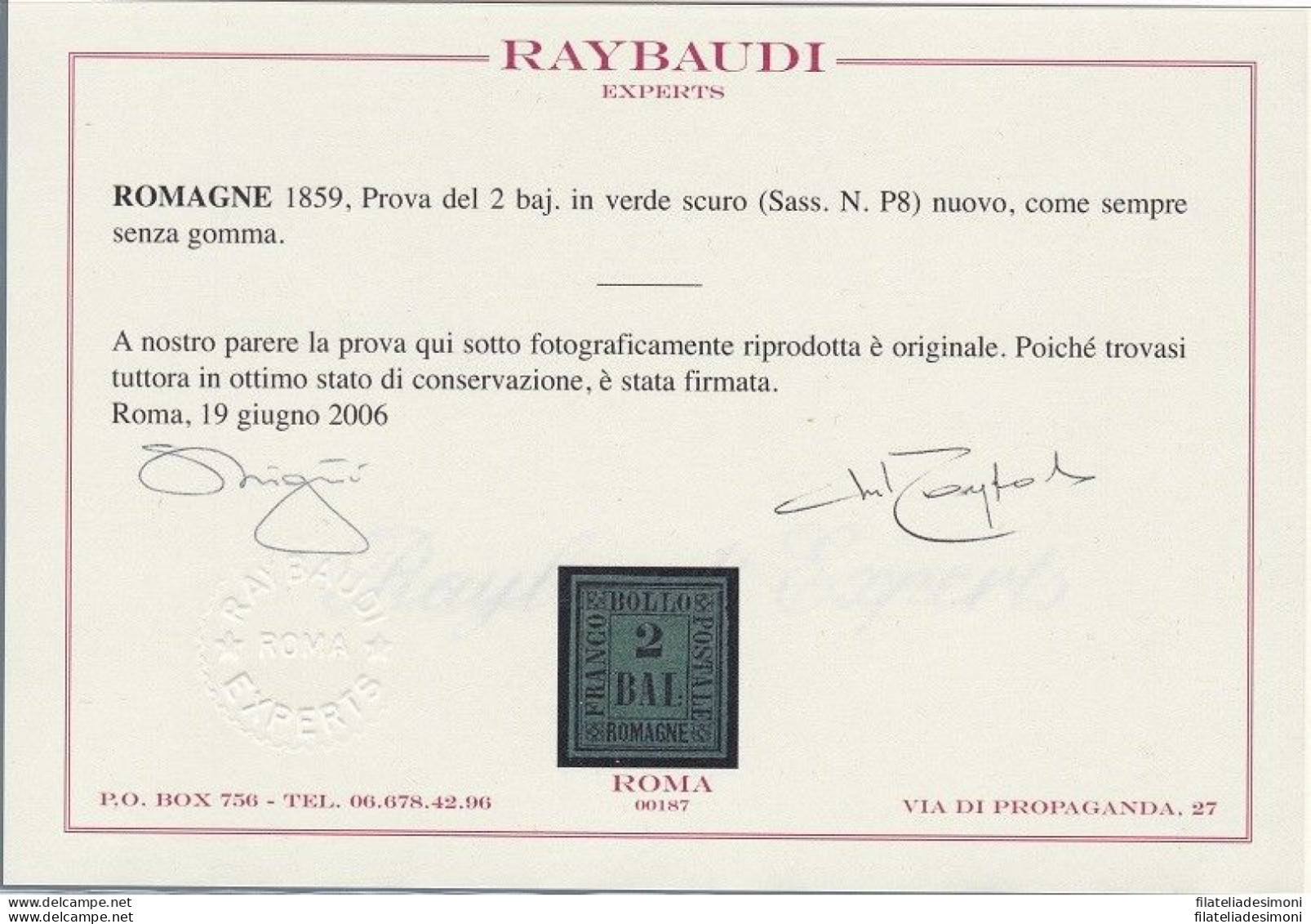 1859 Romagne, Prova Del 2 Baj (P8) EMESSO SENZA GOMMA Certificato Raybaudi - Romagna