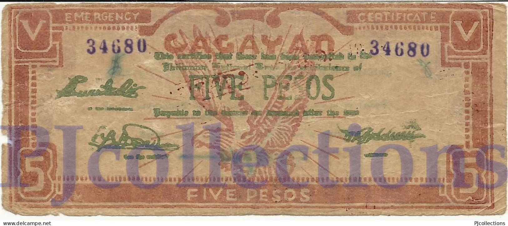 PHILIPPINES 5 PESOS 1944 PICK S191b F/VF EMERGENCY BANKNOTE - Filippine