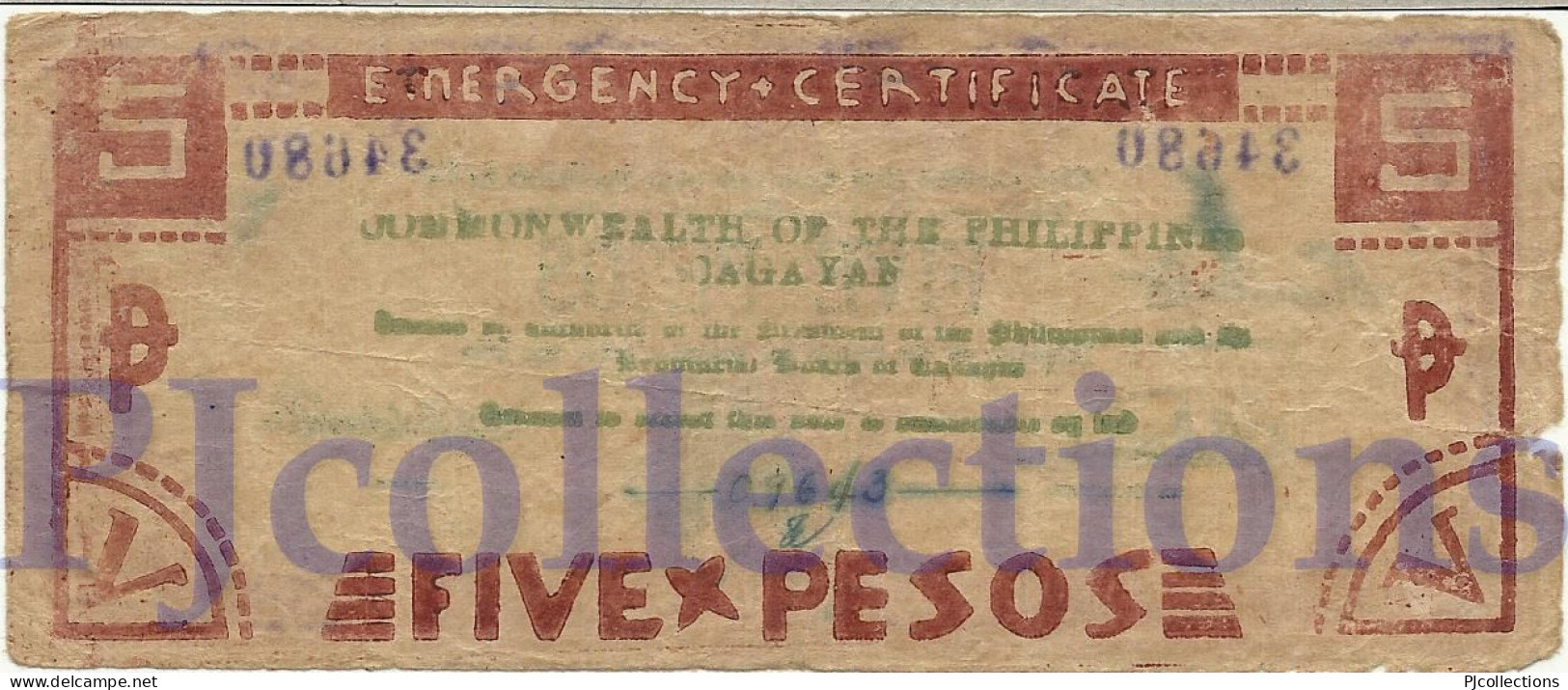 PHILIPPINES 5 PESOS 1944 PICK S191b F/VF EMERGENCY BANKNOTE - Filippijnen